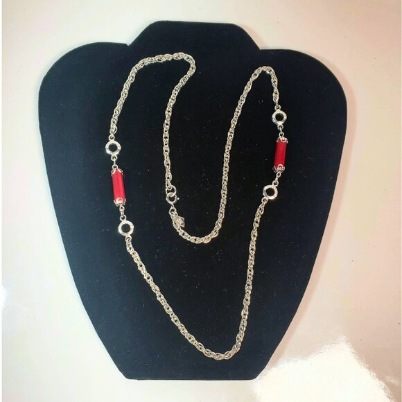 Silver-Tone Dress Necklace with Red Barrel Beads Sarah Coventry, Made in Canada - Picture 1 of 9